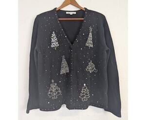 Vtg Mercer Street Studio Christmas Sweater Cardigan Sparkle Trees Womens Medium